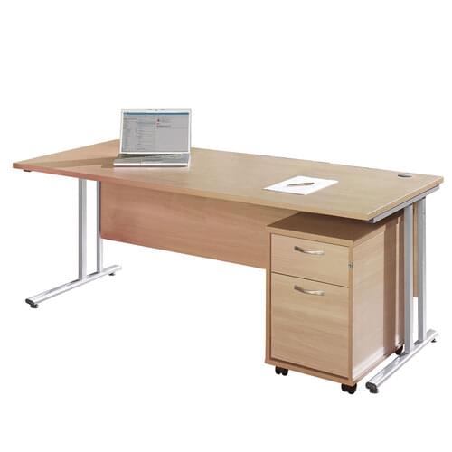 Straight Desk Set 1600mm 2 Drawer Pedestal Silver Cantilever Frame 25mm MFC Beech