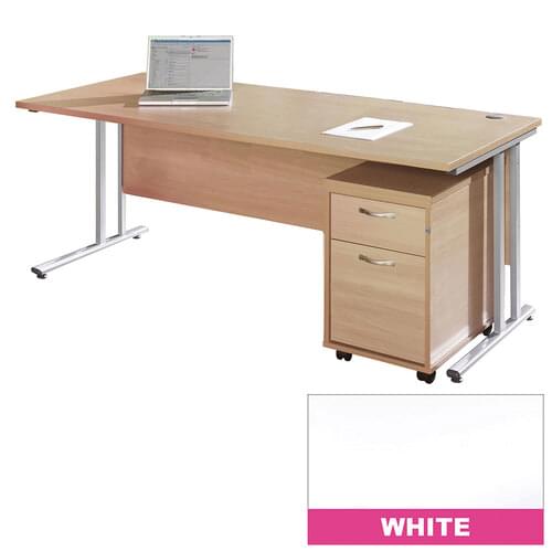 Straight Desk Set 1600mm 2 Drawer Pedestal Silver Cantilever Frame 25mm MFC White