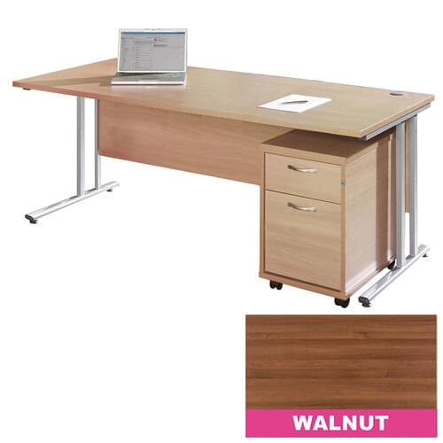 Straight Desk Set 1600mm 2 Drawer Pedestal Silver Cantilever Frame 25mm MFC Walnut