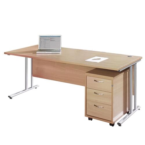 Straight Desk Set 1600mm 3 Drawer Pedestal Cantilever Silver Frame 25mm MFC Beech
