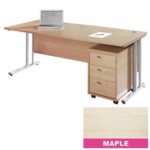 Straight Desk Set 1600mm 3 Drawer Pedestal Cantilever Silver Frame 25mm MFC Maple