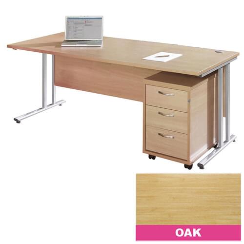 Straight Desk Set 1600mm 3 Drawer Pedestal Cantilever Silver Frame 25mm MFC Oak