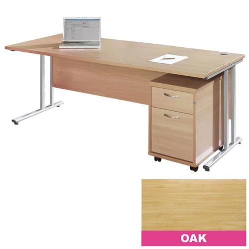 Straight Desk Set 1800mm 2 Drawer Pedestal Silver Cantilever Frame 25mm MFC Oak