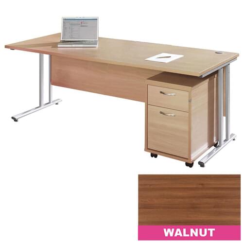 Straight Desk Set 1800mm 2 Drawer Pedestal Silver Cantilever Frame 25mm MFC Walnut