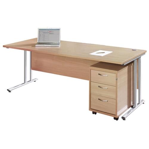 Straight Desk Set 1800mm 3 Drawer Pedestal Cantilever Silver Frame 25mm MFC Beech