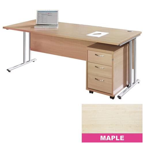 Straight Desk Set 1800mm 3 Drawer Pedestal Cantilever Silver Frame 25mm MFC Maple