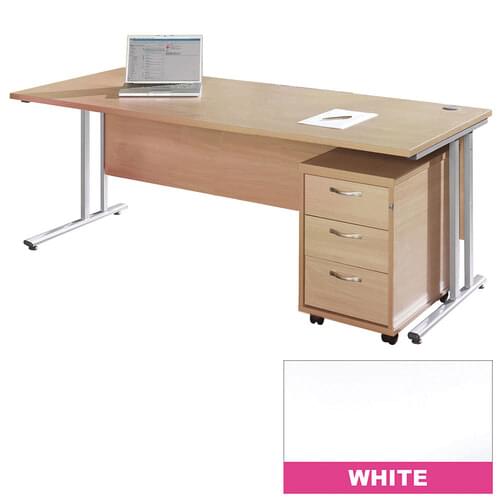Straight Desk Set 1800mm 3 Drawer Pedestal Cantilever Silver Frame 25mm MFC White