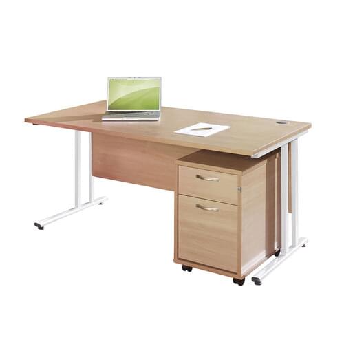 Straight Desk Set 1200mm 2 Drawer Pedestal Cantilever White Frame 25mm MFC Beech