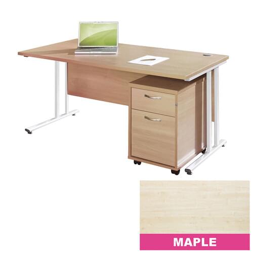 Straight Desk Set 1200mm 2 Drawer Pedestal Cantilever White Frame 25mm MFC Maple