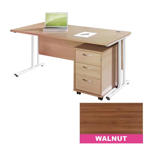 Straight Desk Set 1200mm 3 Drawer Pedestal Cantilever White Frame 25mm MFC Walnut