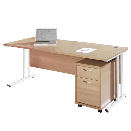 Straight Desk Set 1400mm 2 Drawer Pedestal Cantilever White Frame 25mm MFC Beech