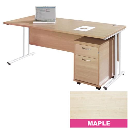 Straight Desk Set 1400mm 2 Drawer Pedestal Cantilever White Frame 25mm MFC Maple