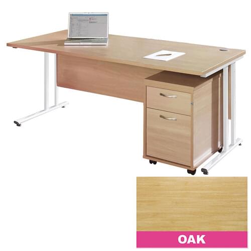 Straight Desk Set 1400mm 2 Drawer Pedestal Cantilever White Frame 25mm MFC Oak