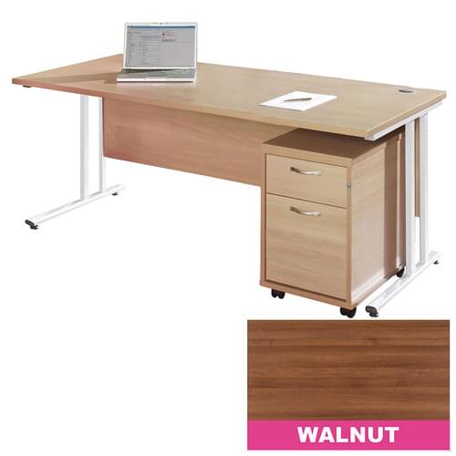 Straight Desk Set 1400mm 2 Drawer Pedestal Cantilever White Frame 25mm MFC Walnut