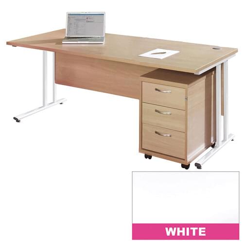 Straight Desk Set 1400mm 3 Drawer Pedestal Cantilever White Frame 25mm MFC White