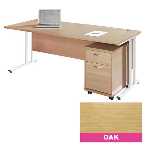 Straight Desk Set 1600mm 2 Drawer Pedestal Cantilever White Frame 25mm MFC Oak