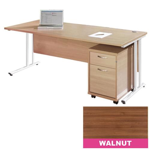 Straight Desk Set 1600mm 2 Drawer Pedestal  Cantilever White Frame 25mm MFC Walnut