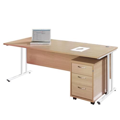 Straight Desk Set 1600mm 3 Drawer Pedestal Cantilever White Frame 25mm MFC Beech