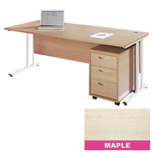 Straight Desk Set 1600mm 3 Drawer Pedestal Cantilever White Frame 25mm MFC Maple