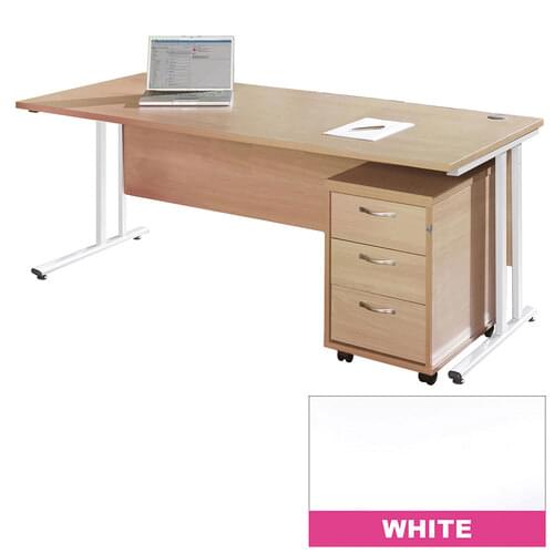 Straight Desk Set 1600mm 3 Drawer Pedestal Cantilever White Frame 25mm MFC White