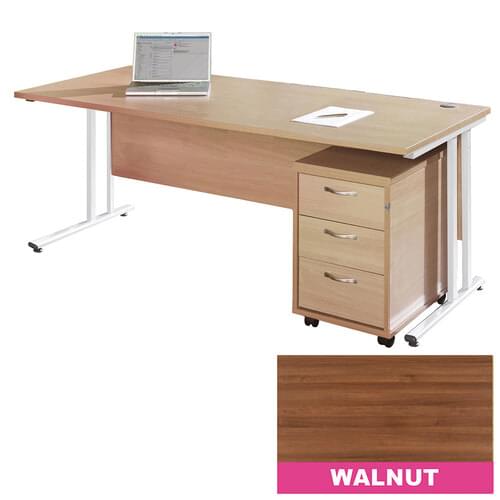 Straight Desk Set 1600mm 2 Drawer Pedestal Cantilever White Frame 25mm MFC Walnut