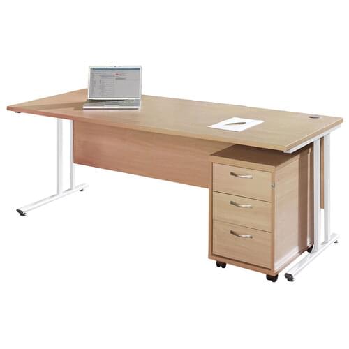 Straight Desk Set 1600mm 2 Drawer Pedestal Cantilever White Frame 25mm MFC Beech