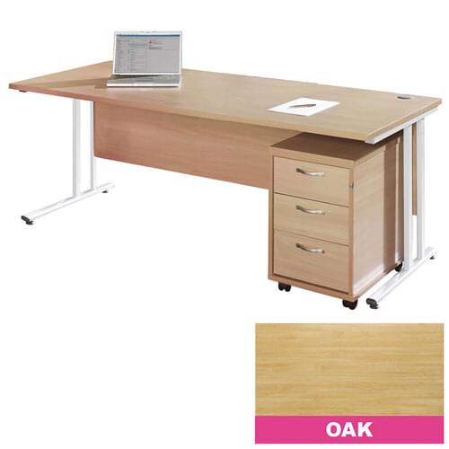Straight Desk Set 1800mm 3 Drawer Pedestal Cantilever White Frame 25mm MFC Oak