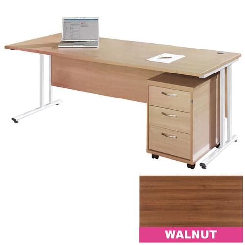 Straight Desk Set 1800mm 2 Drawer Pedestal Cantilever White Frame 25mm MFC Walnut