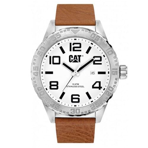 CAT Camden XL 52MM Men's Quartz Watch White Dial Analogue Display Brown Leather Strap