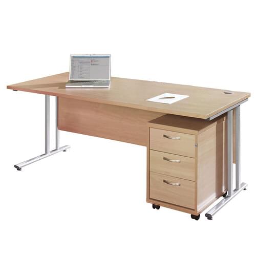 Straight Desk Set 1400mm 3 Drawer Pedestal Cantilever White Frame 25mm MFC Beech