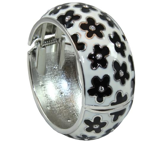 Trendy Silver and White Spring-Loaded Bangle with Black Flowers