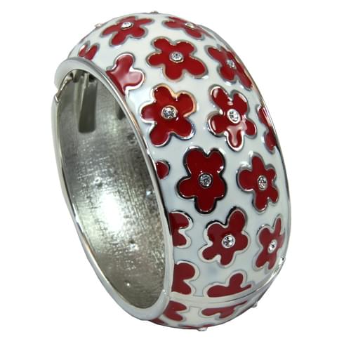 Trendy Silver and White Spring-Loaded Bangle with Red Flowers
