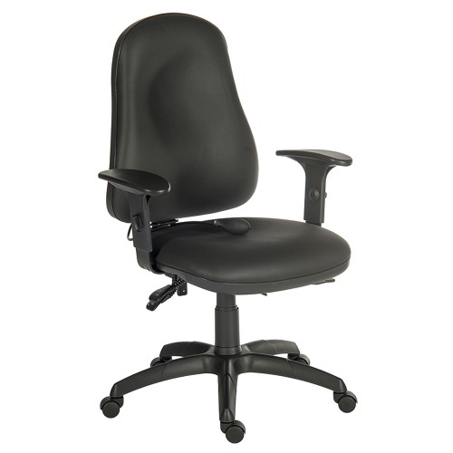 Operator Chair 24 Hour Pump Up Lumbar High Back 4 Lever Adjustable Arms Leather Look Black