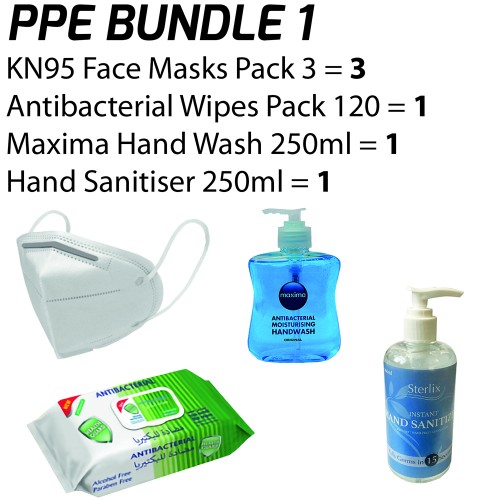 PPE Bundle 1 (KN95 Masks 3x3/Antibacterial Wipes/Maxima Hand Wash 250ml + FREE 250ml Hand Sanitiser Gel)