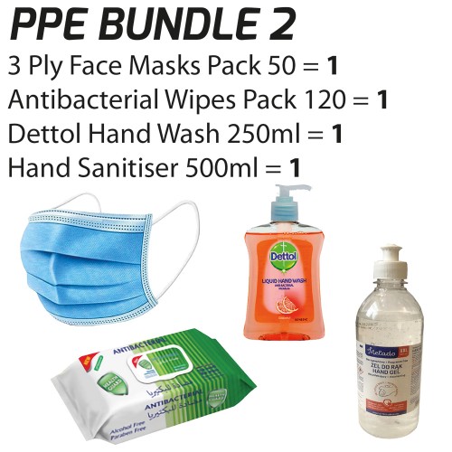 PPE Bundle 2 (3-Ply Face Masks 1x50/Antibacterial Wipes/Dettol Hand Wash 250ml + FREE 500ml Hand Sanitiser Gel)