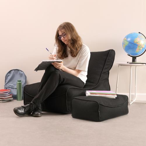 Large Tech Mesh Study Lounger Bean Bag and Footstool Bundle - Black