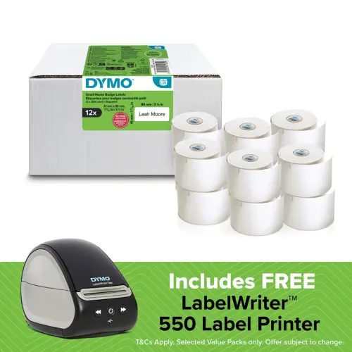 DYMO LabelWriter Small Name Badge Labels 41mm x 89mm 12 Rolls + FREE LabelWriter 550 Label Printer