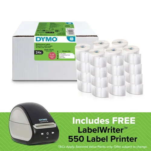 DYMO LabelWriter Small Multi-Purpose Labels 19mm x 51mm 24 Rolls + FREE LabelWriter 550 Label Printer