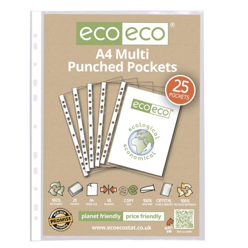 Eco Eco Pack 25 A4 100% Recycled 45 Microns Multi Punched Pockets