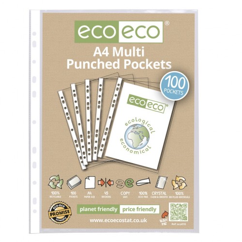 Eco Eco Pack 100 A4 100% Recycled 45 Microns Multi Punched Pockets