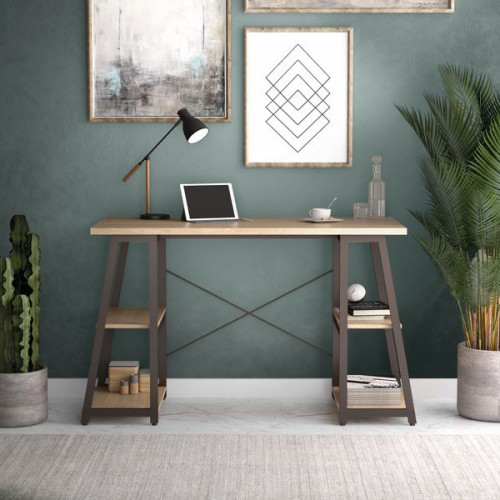 WFH Computer desk with Angled Shelves Oak/Brown Leg