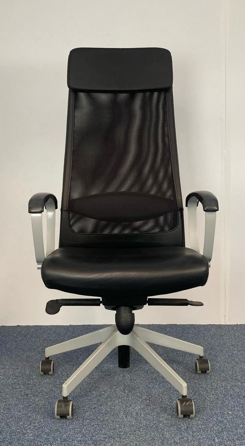 Second Hand Black Faux Leather Silver Metal Frame Executive Operators Castors Five Star Base Arms High Back, Gas Lift Back Rake Head Rest