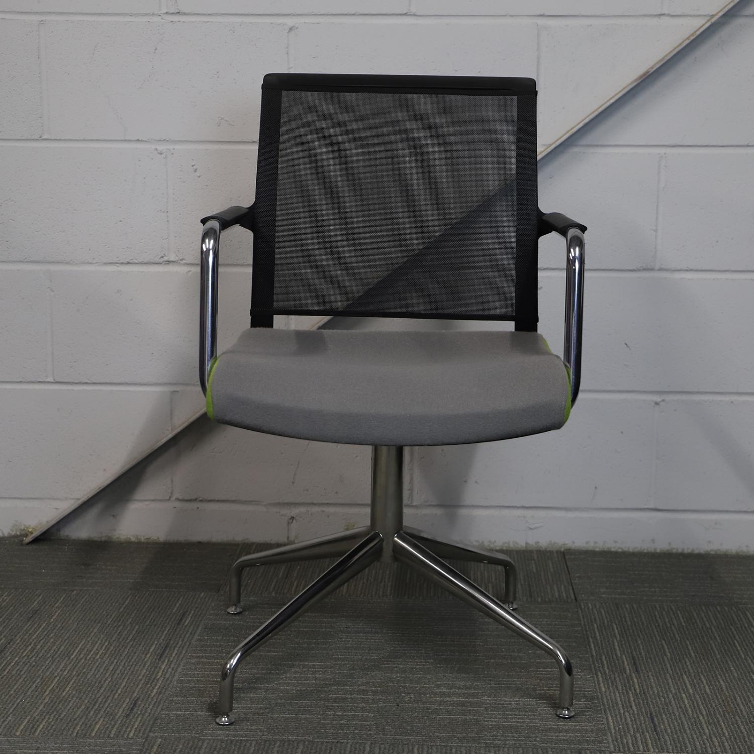 Second Hand Grey Mesh Back Chair with Green Outlines and Chrome Base