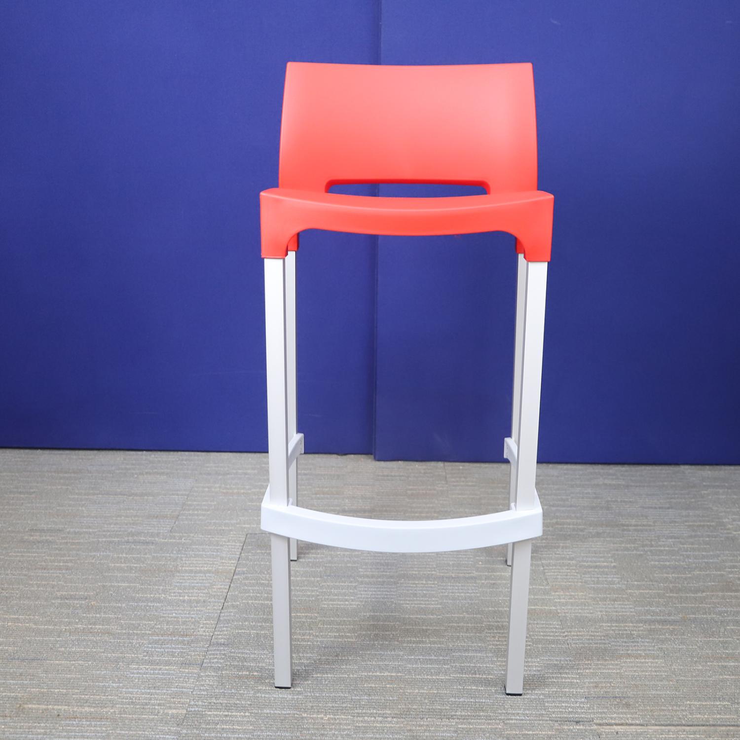 Second Hand Gio Red Plastic Stool with Silver Legs and Foot Bar