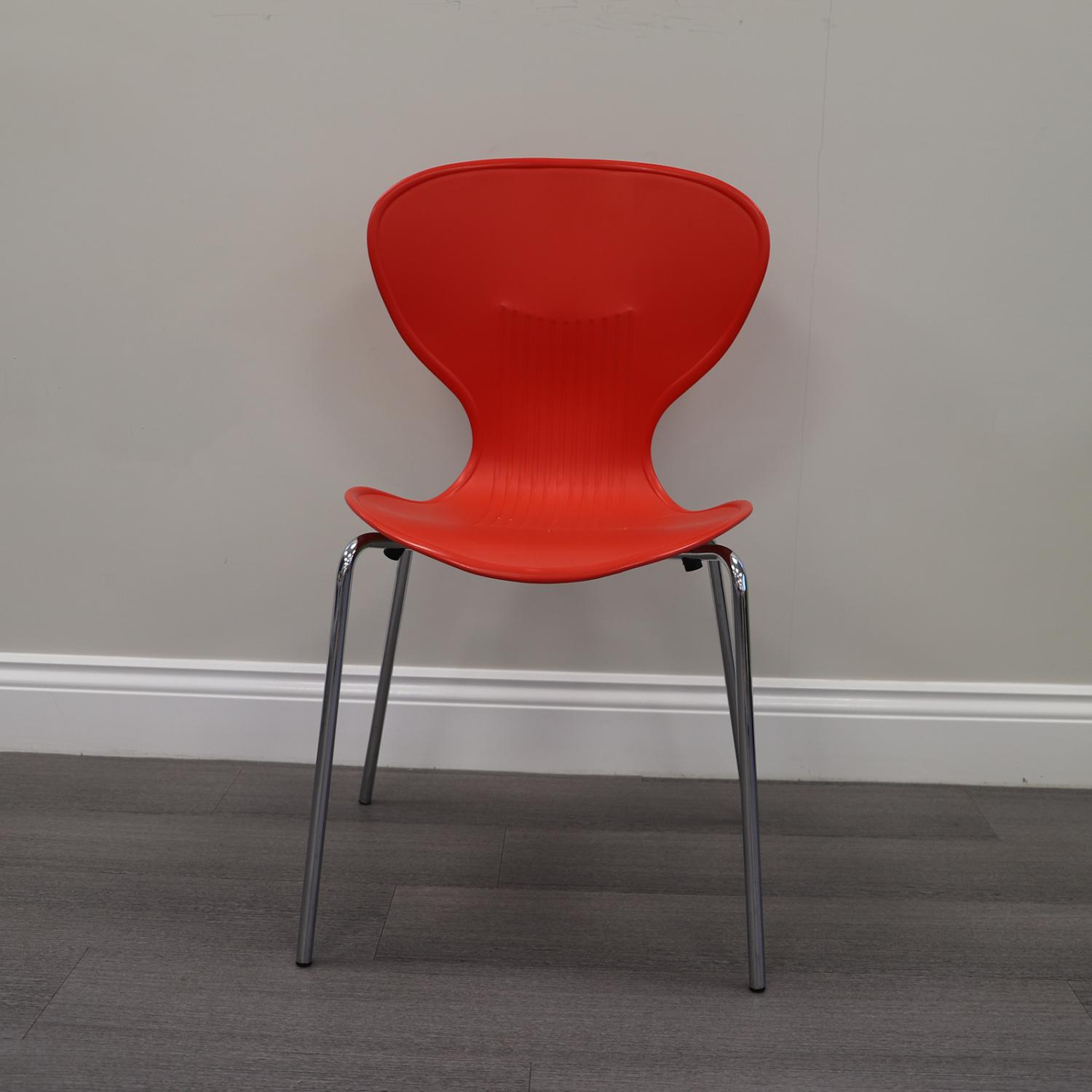 Second Hand Red Plastic Bistro Canteen Chair with Chrome Straight Legs