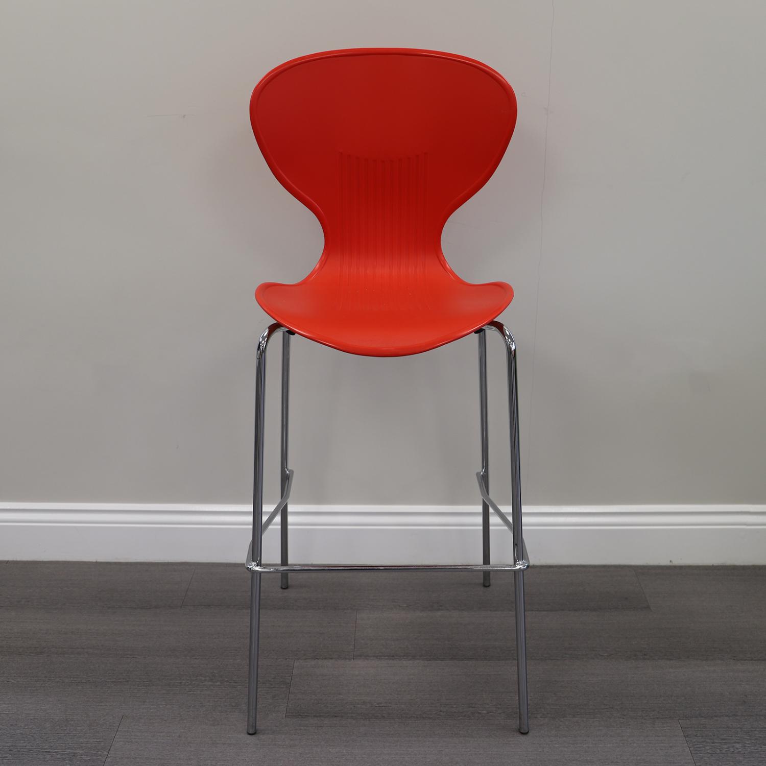 Second Hand Red Plastic Bistro Chair Stool with Chrome Legs and Foot Bar