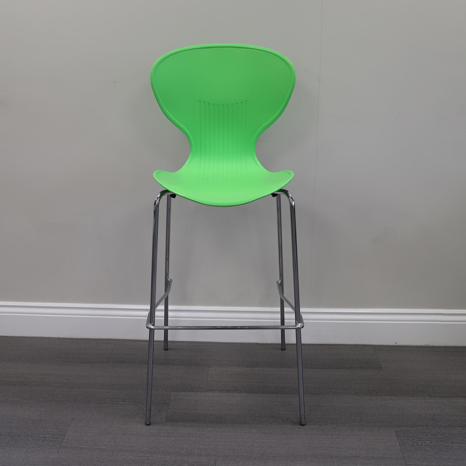 Second Hand Green Plastic Bistro Chair with Chrome Legs and Foot Bar