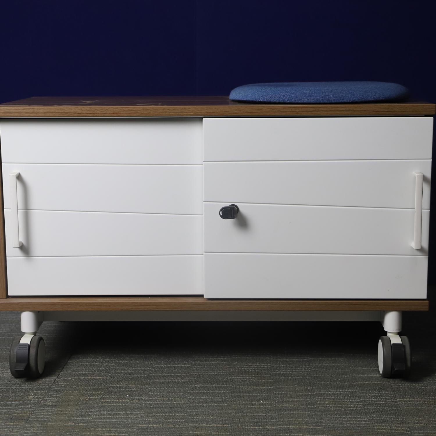 Second Hand Kinnarps Walnut Storage Unit on Wheels with Seat pad and Locking Doors