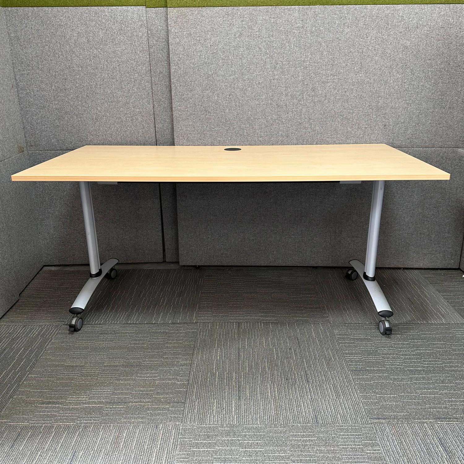 Second Hand Maple Flip Top Rectangular Table with Single Cable Port and Grey Frame