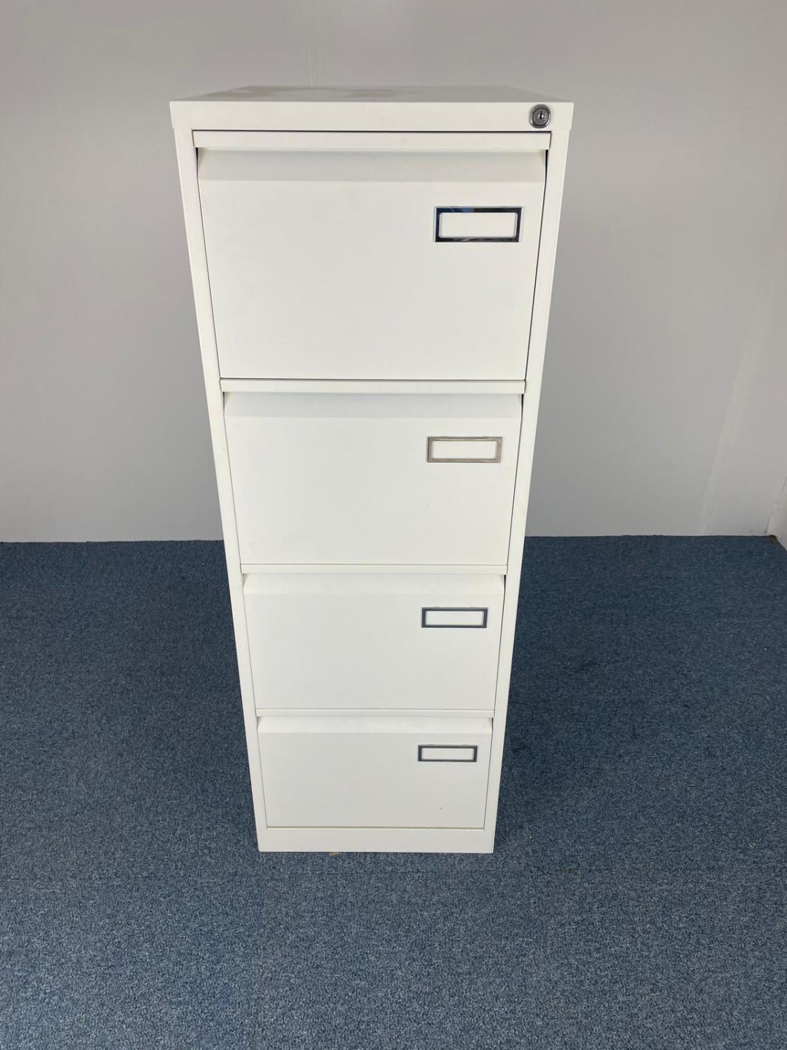 Second Hand White, 4 Drawer Lockable Filing Cabinet.